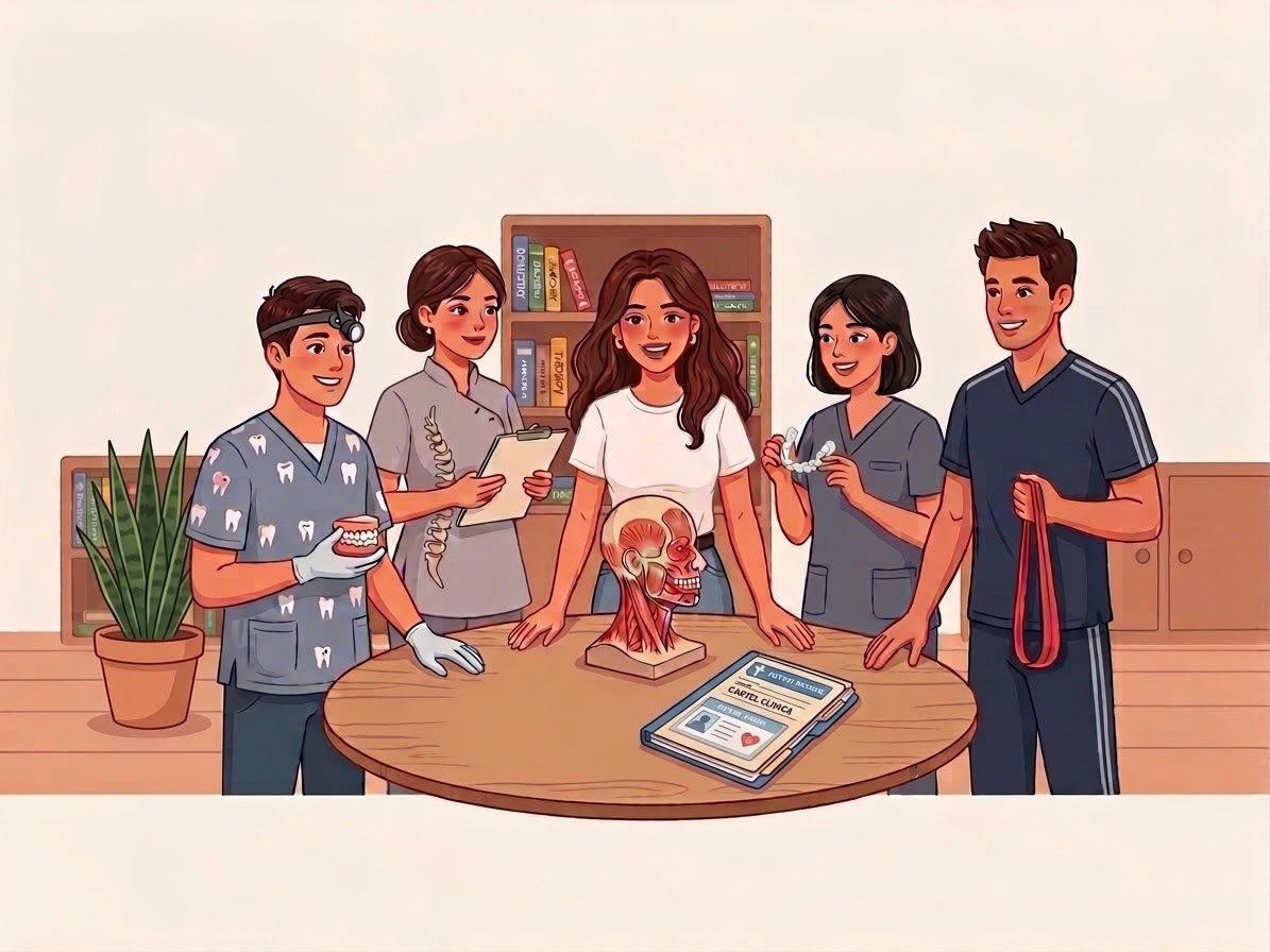 Illustrazione della collaborazione multidisciplinare tra logopedista, odontoiatra, ortodontista, osteopata e fisioterapista nel percorso di terapia miofunzionale